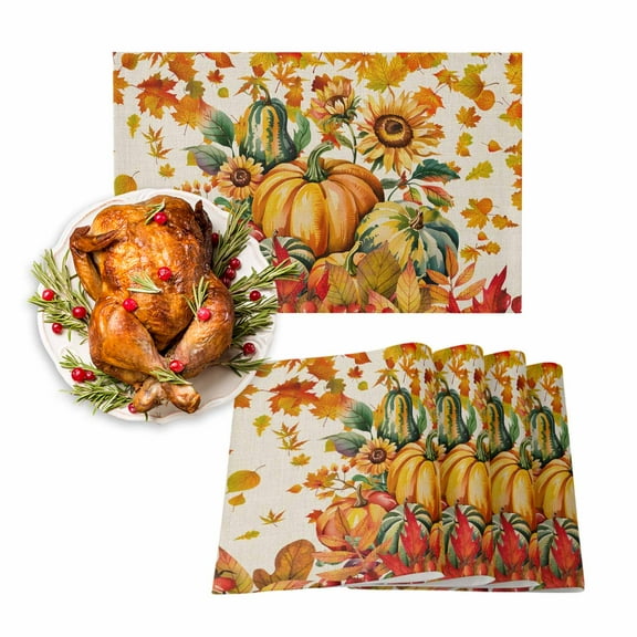 Fall Placemats Set of 4 Autumn Pumpkin Place Mats Thanksgiving Placemat Sunflower Fallen Leaves Linen Table Mats for Dining Kitchen Table Holiday Dinner Party Home Fall Decorations 13x19 Inch