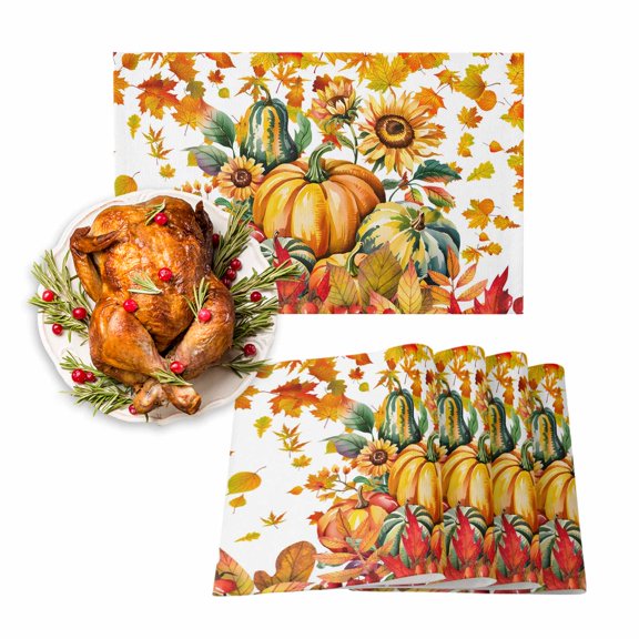 Fall Placemats Set of 4 Autumn Pumpkin Place Mats Thanksgiving Placemat Sunflower Fallen Leaves Table Mats for Dining Kitchen Table Holiday Dinner Party Home Fall Decorations 13x19 Inch