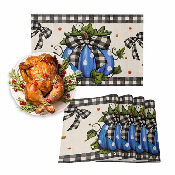 Fall Placemats Set of 4 Blue Polka Dot Pumpkin Place Mats Thanksgiving Placemat Black Plaid Bow Linen Table Mats for Dining Kitchen Table Holiday Dinner Party Home Fall Decorations 13x19 Inch