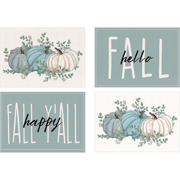 Fall Placemats Set of 4, Blue Pumpkin Leaves Vintage Place Mats Fall Autumn Thanksgiving Harvest Kitchen Decor for Dining Table 12 x 18 Inches, Fall Decorations for Home Rectangle Placemat