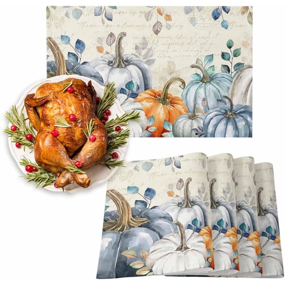 Fall Placemats Set of 4, Blue Pumpkin Placemat for Dining Table Decorations, Cotton Linen Autumn Place Mats, Teal Leaves Table Mats for Kitchen Dinner Harvest Thanksgiving Holiday Party Decor