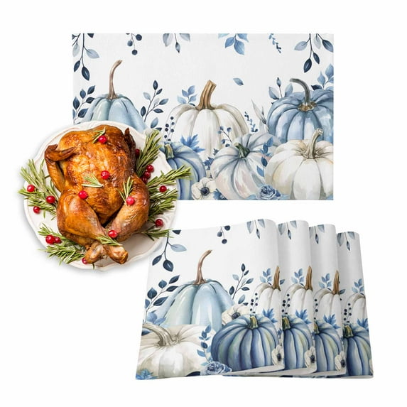 Fall Placemats Set of 4 Blue White Pumpkin Place Mats Thanksgiving Placemat Flowers Eucalyptus Leaves Table Mats for Dining Kitchen Table Holiday Dinner Party Home Fall Decorations 13x19 Inch
