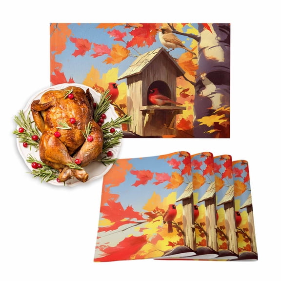 Fall Placemats Set of 4 Cardinal Bird Place Mats Thanksgiving Placemat Bird Nest Maple Leaves Table Mats for Dining Kitchen Table Holiday Dinner Party Home Fall Decorations 13x19 Inch