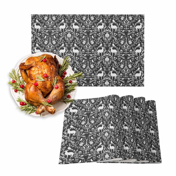 Fall Placemats Set of 4 Deer Animal Place Mats Thanksgiving Placemat Bird Flower Black Table Mats for Dining Kitchen Table Holiday Dinner Party Home Fall Decorations 13x19 Inch