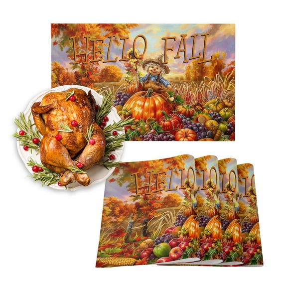 Fall Placemats Set of 4 Farmhouse Autumn Fruit Place Mats Thanksgiving Placemat Pumpkin Floral Scarecrow Table Mats for Dining Kitchen Table Holiday Dinner Party Home Fall Decorations 13x19 Inch