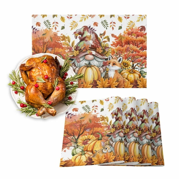 Fall Placemats Set of 4 Fox Bunny Gnome Place Mats Thanksgiving Placemat Pumpkin Maple Leaves Table Mats for Dining Kitchen Table Holiday Dinner Party Home Fall Decorations 13x19 Inch