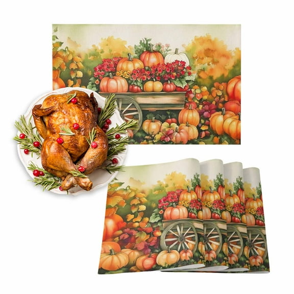 Fall Placemats Set of 4 Harvest Pumpkin Cart Place Mats Thanksgiving Placemat Flower Berry Maple Leaf Table Mats for Dining Kitchen Table Holiday Dinner Party Home Fall Decorations 13x19 Inch