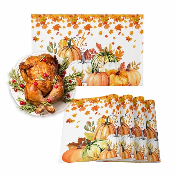 Fall Placemats Set of 4 Harvest Pumpkin Place Mats Thanksgiving Placemat Autumn Fallen Maple Leaves Table Mats for Dining Kitchen Table Holiday Dinner Party Home Fall Decorations 13x19 Inch