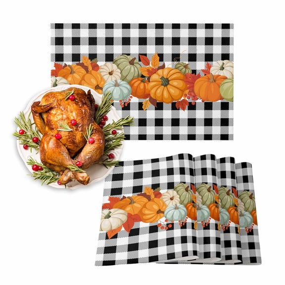 Fall Placemats Set of 4 Harvest Pumpkin Place Mats Thanksgiving Placemat Berry Orange Maple Leaf Black Plaid Table Mats for Dining Kitchen Table Holiday Dinner Party Home Fall Decorations 13x19 Inch