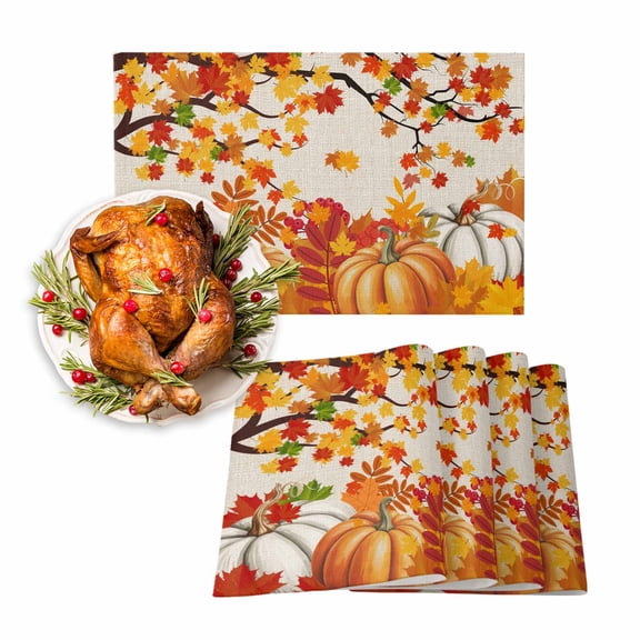 Fall Placemats Set of 4 Harvest Pumpkin Place Mats Thanksgiving Placemat Orange Fallen Maple Leaves Linen Table Mats for Dining Kitchen Table Holiday Dinner Party Home Fall Decorations 13x19 Inch