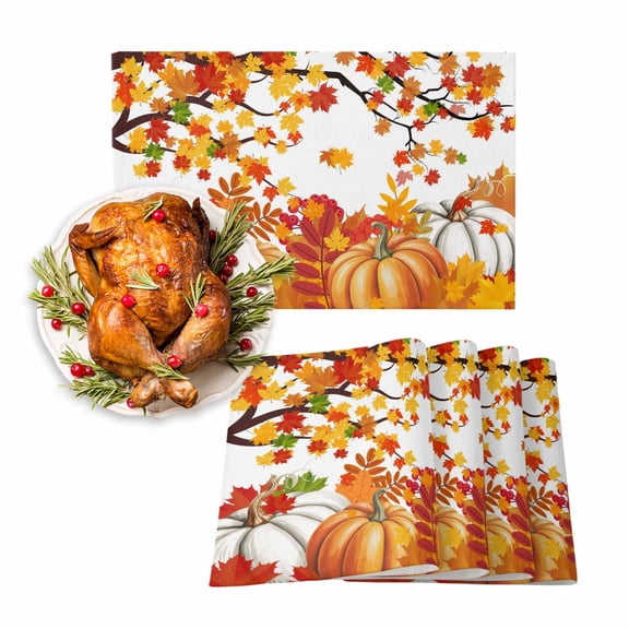 Fall Placemats Set of 4 Harvest Pumpkin Place Mats Thanksgiving Placemat Orange Fallen Maple Leaves Table Mats for Dining Kitchen Table Holiday Dinner Party Home Fall Decorations 13x19 Inch