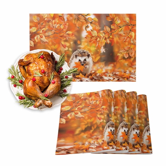Fall Placemats Set of 4 Hedgehog Maple Leaves Place Mats Thanksgiving Placemat Autumn Plant Table Mats for Dining Kitchen Table Holiday Dinner Party Home Fall Decorations 13x19 Inch