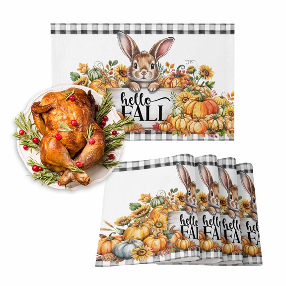 Fall Placemats Set of 4 Hello Fall Bunny Place Mats Thanksgiving Placemat Rabbit Pumpkin Maple Lead Black Plaid Table Mats for Dining Kitchen Table Holiday Dinner Party Home Fall Decorations 13x19