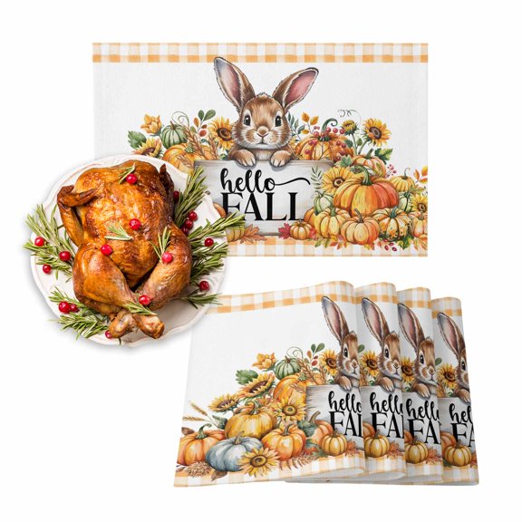 Fall Placemats Set of 4 Hello Fall Bunny Place Mats Thanksgiving Placemat Rabbit Pumpkin Maple Lead Orange Plaid Table Mats for Dining Kitchen Table Holiday Dinner Party Home Fall Decorations 13x19