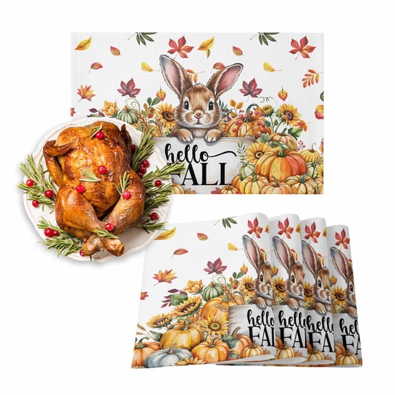Fall Placemats Set of 4 Hello Fall Bunny Place Mats Thanksgiving Placemat Rabbit Pumpkin Maple Leaves Table Mats for Dining Kitchen Table Holiday Dinner Party Home Fall Decorations 13x19 Inch