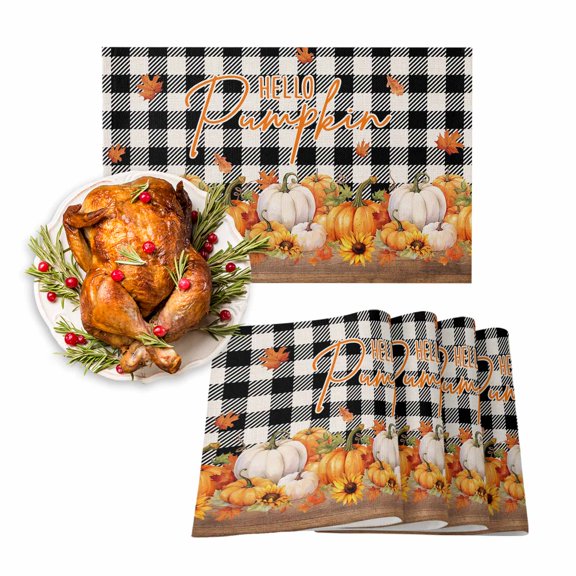 Fall Placemats Set of 4 Hello Pumpkin Place Mats Thanksgiving Placemat Maple Leaf Black White Plaid Table Mats for Dining Kitchen Table Holiday Dinner Party Home Fall Decorations 13x19 Inch