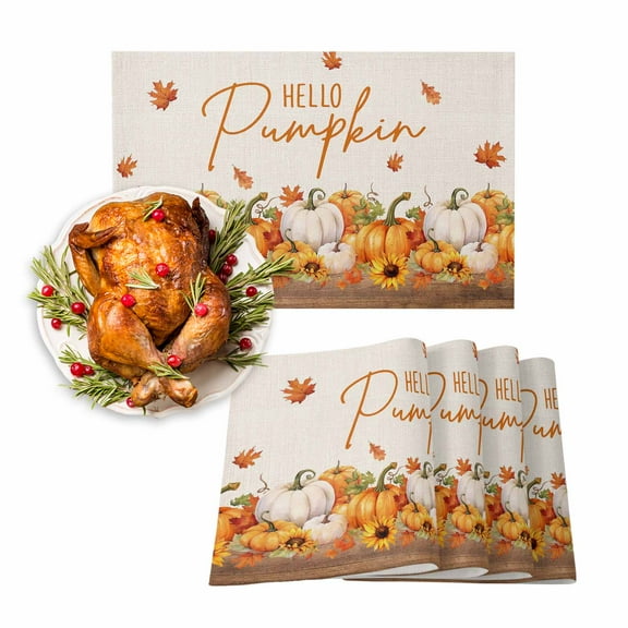 Fall Placemats Set of 4 Hello Pumpkin Place Mats Thanksgiving Placemat Maple Leaf Yellow Sunflowers Table Mats for Dining Kitchen Table Holiday Dinner Party Home Fall Decorations 13x19 Inch