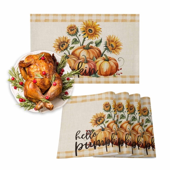 Fall Placemats Set of 4 Hello Pumpkin Sunflower Place Mats Thanksgiving Placemat Autumn Sunflower Plaid Linen Table Mats for Dining Kitchen Table Holiday Dinner Party Home Fall Decorations 13x19