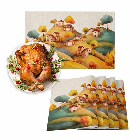 Fall Placemats Set of 4 Hill House Place Mats Thanksgiving Placemat Autumn Tree Forest Mountain Linen Table Mats for Dining Kitchen Table Holiday Dinner Party Home Fall Decorations 13x19 Inch