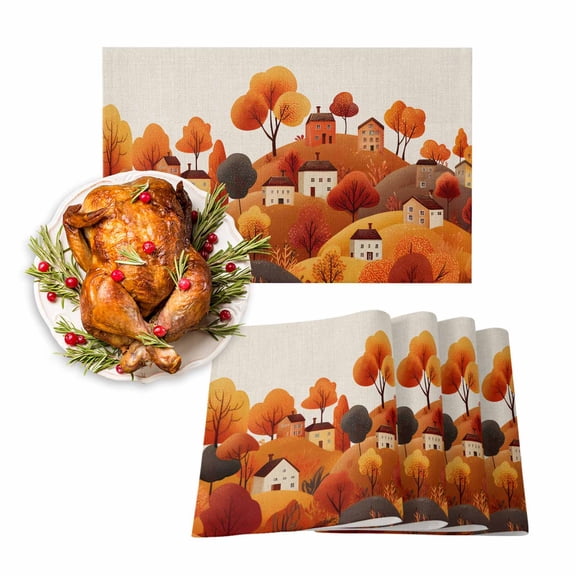 Fall Placemats Set of 4 Hill House Place Mats Thanksgiving Placemat Autumn Tree Mountain Linen Table Mats for Dining Kitchen Table Holiday Dinner Party Home Fall Decorations 13x19 Inch