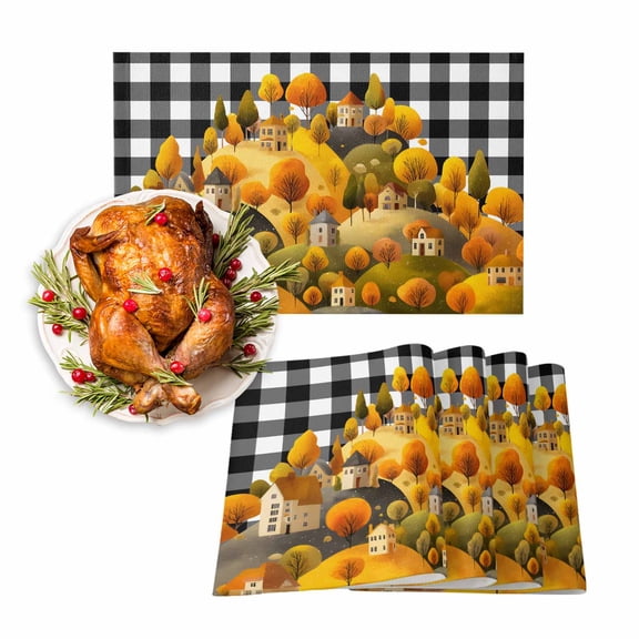 Fall Placemats Set of 4 Hill House Place Mats Thanksgiving Placemat Yellow Autumn Tree Mountain Black Plaid Table Mats for Dining Kitchen Table Holiday Dinner Party Home Fall Decorations 13x19 Inch