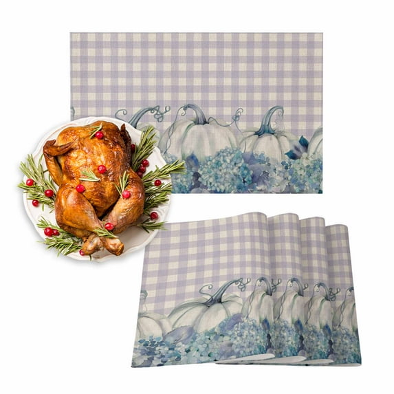 Fall Placemats Set of 4 Hydrangea Pumpkin Place Mats Thanksgiving Placemat Purple Buffalo Plaid Table Mats for Dining Kitchen Table Holiday Dinner Party Home Fall Decorations 13x19 Inch