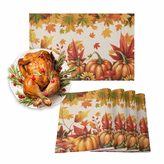 Fall Placemats Set of 4 Maple Leaves Pumpkin Place Mats Thanksgiving Placemat Mushroom Sunflower Linen Table Mats for Dining Kitchen Table Holiday Dinner Party Home Fall Decorations 13x19 Inch