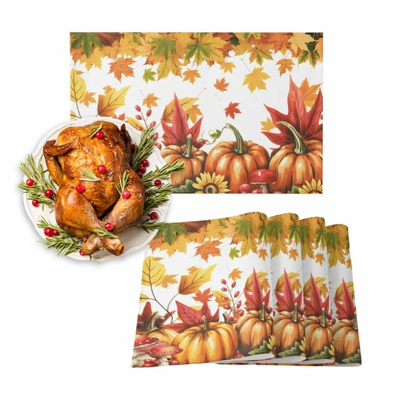 Fall Placemats Set of 4 Maple Leaves Pumpkin Place Mats Thanksgiving Placemat Mushroom Sunflower Table Mats for Dining Kitchen Table Holiday Dinner Party Home Fall Decorations 13x19 Inch