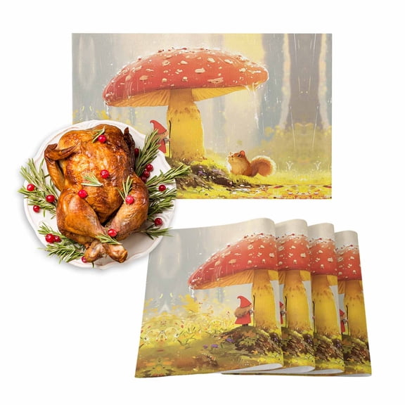 Fall Placemats Set of 4 Mushroom Squirrel Place Mats Thanksgiving Placemat Gnome Rain Forest Table Mats for Dining Kitchen Table Holiday Dinner Party Home Fall Decorations 13x19 Inch