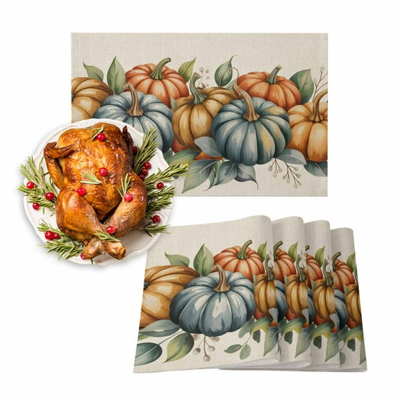 Fall Placemats Set of 4 Orange Blue Pumpkin Place Mats Thanksgiving Placemat Green Leaves Autumn Harvest Linen Table Mats for Dining Kitchen Table Holiday Dinner Party Home Fall Decorations 13x19