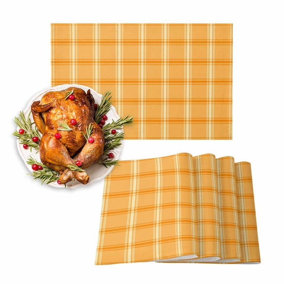 Fall Placemats Set of 4 Orange Check Plaid Place Mats Thanksgiving Placemat Classic Check Block Table Mats for Dining Kitchen Table Holiday Dinner Party Home Fall Decorations 13x19 Inch