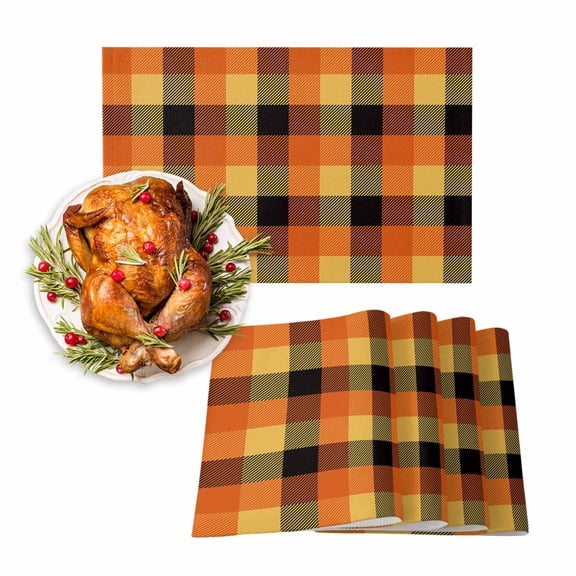 Fall Placemats Set of 4 Orange Lattice Place Mats Thanksgiving Placemat Autumn Buffalo Check Plaid Table Mats for Dining Kitchen Table Holiday Dinner Party Home Fall Decorations 13x19 Inch