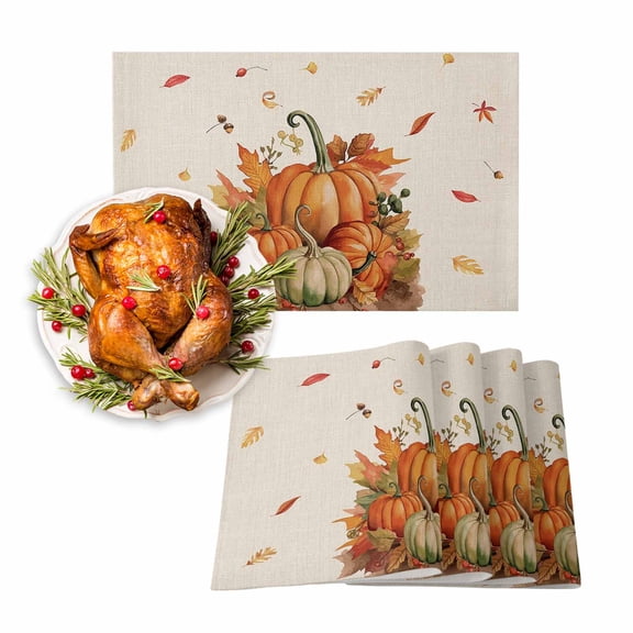 Fall Placemats Set of 4 Orange Pumpkin Place Mats Thanksgiving Placemat Autumn Maple Leaf Nuts Table Mats for Dining Kitchen Table Holiday Dinner Party Home Fall Decorations 13x19 Inch