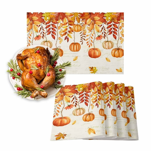 Fall Placemats Set of 4 Orange Pumpkin Place Mats Thanksgiving Placemat Fallen Maple Leaf Table Mats for Dining Kitchen Table Holiday Dinner Party Home Fall Decorations 13x19 Inch
