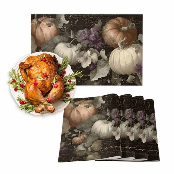 Fall Placemats Set of 4 Orange White Pumpkin Place Mats Thanksgiving Placemat Vintage Floral Leaves Black Table Mats for Dining Kitchen Table Holiday Dinner Party Home Fall Decorations 13x19 Inch