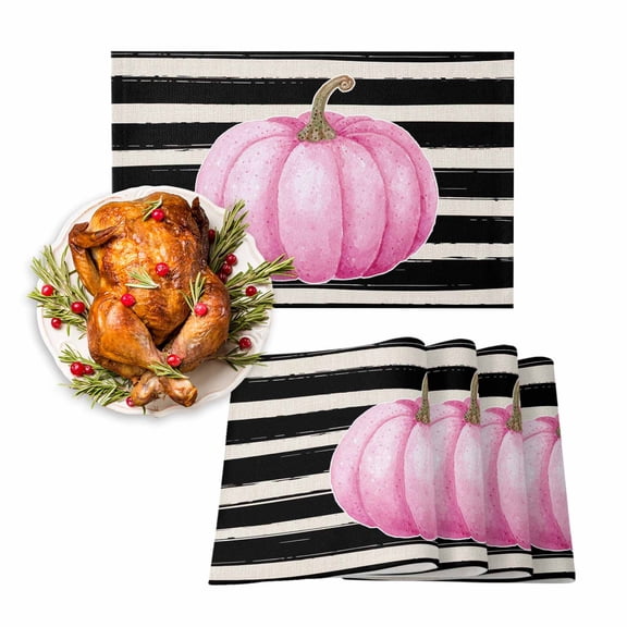 Fall Placemats Set of 4 Pink Pumpkin Place Mats Thanksgiving Placemat Autumn Black Striped Table Mats for Dining Kitchen Table Holiday Dinner Party Home Fall Decorations 13x19 Inch