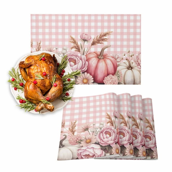 Fall Placemats Set of 4 Pink Pumpkin Place Mats Thanksgiving Placemat Roses Daisy Flowers Buffalo Plaid Table Mats for Dining Kitchen Table Holiday Dinner Party Home Fall Decorations 13x19 Inch