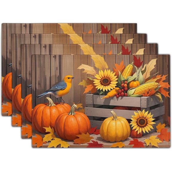 Fall Placemats Set of 4 Pumpkin Bird Sunflower Autumn Harvest Thanksgiving Themed Table Mats Farmhouse Place Mats Seasonal Washable Linen Placemat for Party Kitchen Dining Decor 12x18 Inch