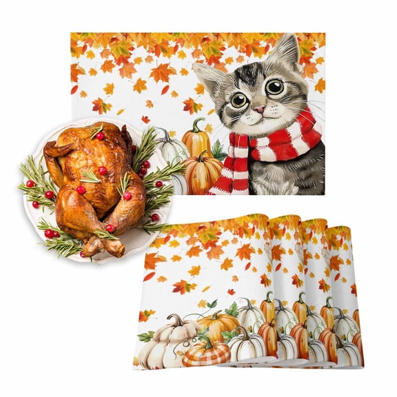 Fall Placemats Set of 4 Pumpkin Cat Place Mats Thanksgiving Placemat Autumn Maple Leaves Table Mats for Dining Kitchen Table Holiday Dinner Party Home Fall Decorations 13x19 Inch