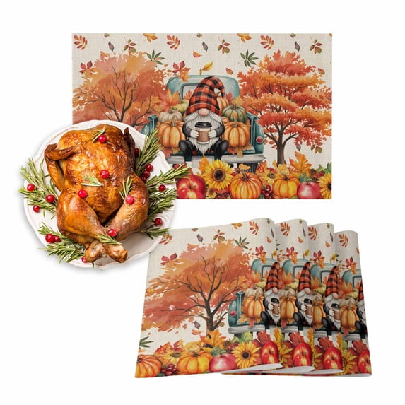 Fall Placemats Set of 4 Pumpkin Gnome Truck Place Mats Thanksgiving Placemat Berry Autumn Fallen Leaf Linen Table Mats for Dining Kitchen Table Holiday Dinner Party Home Fall Decorations 13x19 Inch