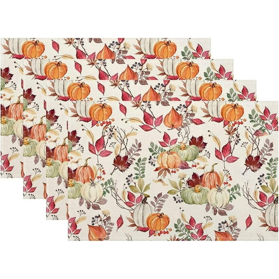 Fall Placemats Set of 4, Pumpkin Maple Leaf Flower Decorative Table Mat 12 x 18 Inch Heat Resistant Non Slip Line Fabric Autumn Thanksgiving Place mat for Dining Table
