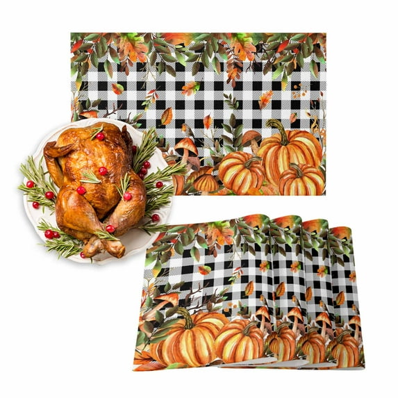 Fall Placemats Set of 4 Pumpkin Mushroom Place Mats Thanksgiving Placemat Farm Bird Orange Maple Leaves Black Plaid Table Mats for Dining Kitchen Table Dinner Party Home Fall Decorations 13x19