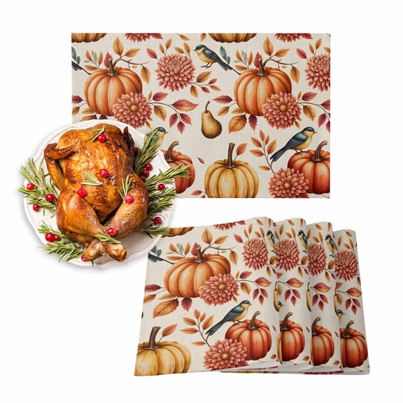 Fall Placemats Set of 4 Pumpkin Sparrow Place Mats Thanksgiving Placemat Pear Dahlia Flower Leaves Linen Table Mats for Dining Kitchen Table Holiday Dinner Party Home Fall Decorations 13x19 Inch