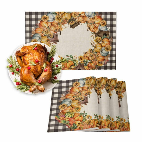 Fall Placemats Set of 4 Pumpkins Chalet Mushrooms Place Mats Thanksgiving Placemat Leaves Buffalo Plaid Table Mats for Dining Kitchen Table Holiday Dinner Party Home Fall Decorations 13x19 Inch