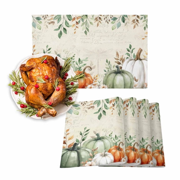 Fall Placemats Set of 4 Sage Green Pumpkin Place Mats Thanksgiving Placemat Floral Eucalyptus Leaves Beige Table Mats for Dining Kitchen Table Holiday Dinner Party Home Fall Decorations 13x19 Inch
