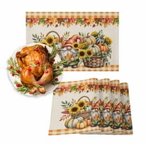 Fall Placemats Set of 4 Sunflower Gnome Place Mats Thanksgiving Placemat Pumpkin Maple Leaf Orange Plaid Linen Table Mats for Dining Kitchen Table Holiday Dinner Party Home Fall Decorations 13x19