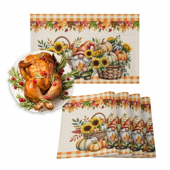 Fall Placemats Set of 4 Sunflower Gnome Place Mats Thanksgiving Placemat Pumpkin Maple Leaf Orange Plaid Linen Table Mats for Dining Kitchen Table Holiday Dinner Party Home Fall Decorations 13x19