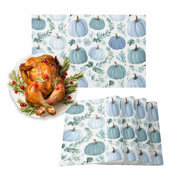 Fall Placemats Set of 4 Teal Blue Pumpkin Place Mats Thanksgiving Placemat Green Autumn Leaves Table Mats for Dining Kitchen Table Holiday Dinner Party Home Fall Decorations 13x19 Inch