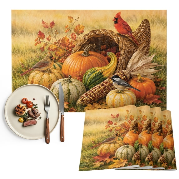 Fall Placemats Set of 4, Thanksgiving Country Harvest Pumpkins Cardinal Washable Wipeable Table Mats for Dining Tables, Indoor Outdoor Kitchen Place Mats for Holiday Party Table Decor
