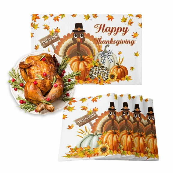 Fall Placemats Set of 4 Turkey Pumpkin Place Mats Thanksgiving Placemat Maple Leaf Happy Thanksgiving Table Mats for Dining Kitchen Table Holiday Dinner Party Home Fall Decorations 13x19 Inch